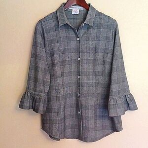 Gretchen Scott Priss Ruffle Sleeve Button Blouse Glen Plaid SZ Goddess/XXL Black